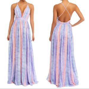 𝅺EVER After Pastel Watercolor Deep V-Neck Tulle Sheer Maxi Dress Sz S